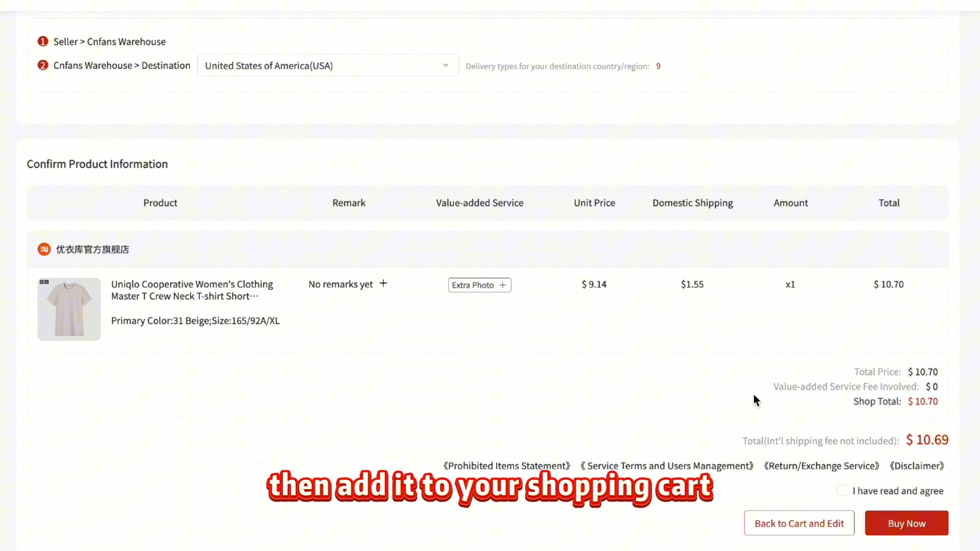 Historical review screen after variant selection. Check the selected product, quantity and domestic shipping here; the original option picker is not shown.